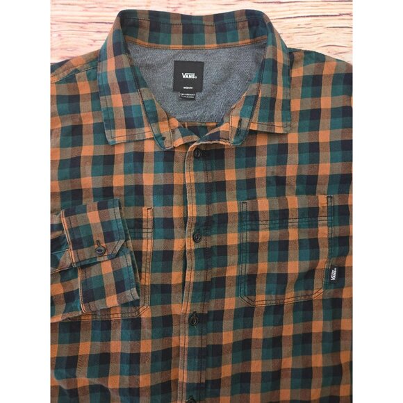Vans Mens Medium Plaid Button-Up Flannel Shirt Green/Orange Tailored Fit Cotton - Picture 4 of 8